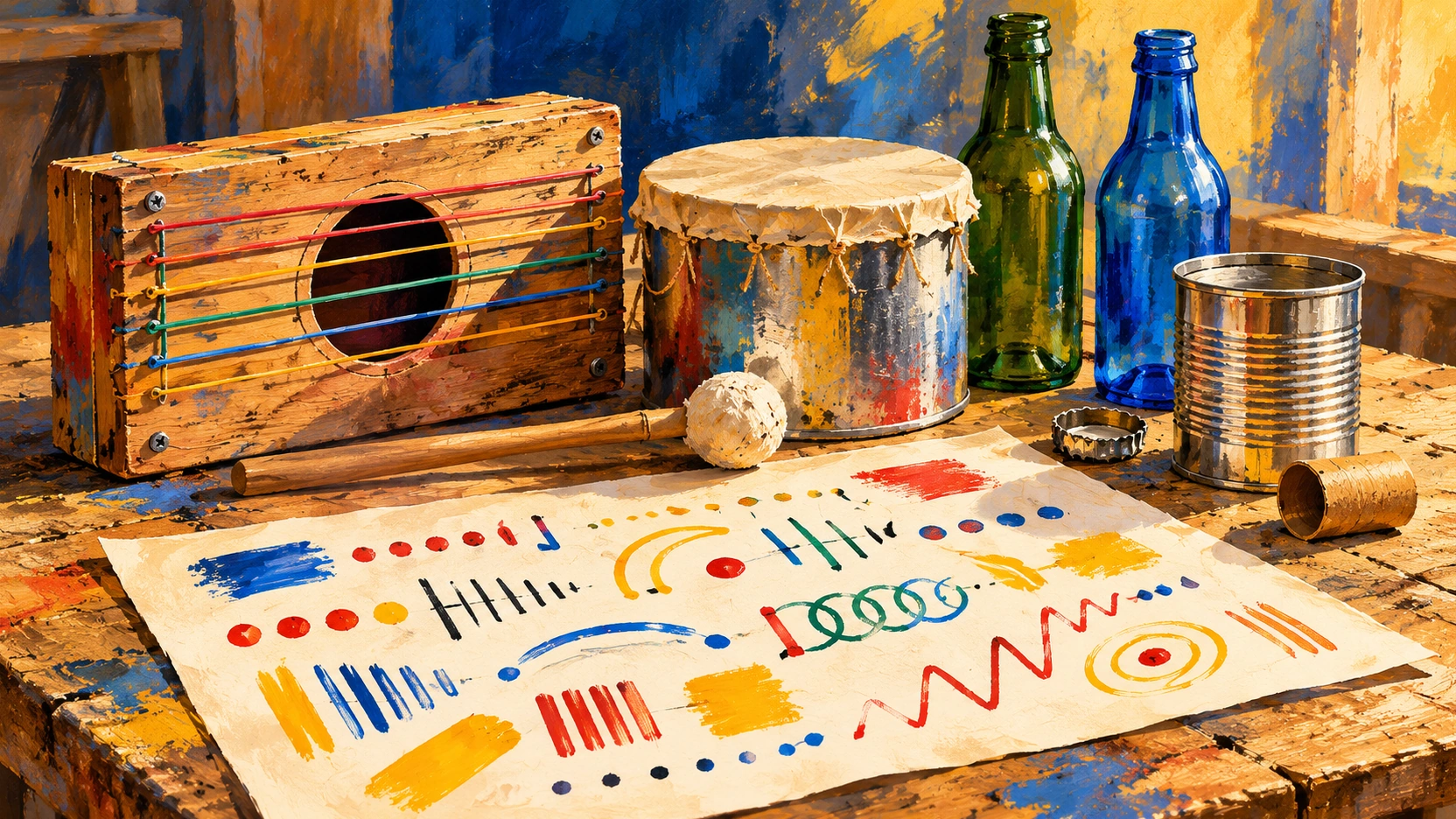 Instruments fabriqués avec des objets récupérés et partition graphique colorée.